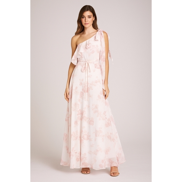 Marchesa Notte Bridesmaid Pink White Floral One Shoulder Flutter Sleeve Dress 6 - Picture 1 of 6